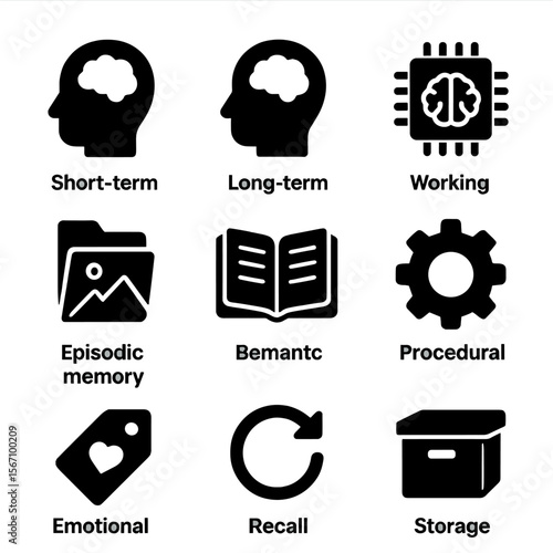 Neural Memory Icons. Solid, filled icons set of types of memory in neuroscience: short-term icon, long-term