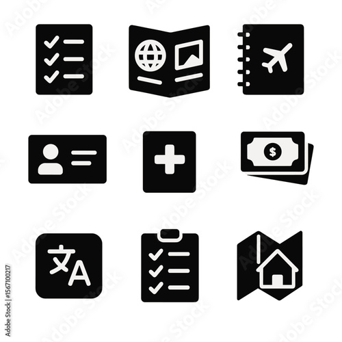 Study Abroad Icons. Solid, filled icon set of language study abroad preparation: checklist, program brochure, travel planner,