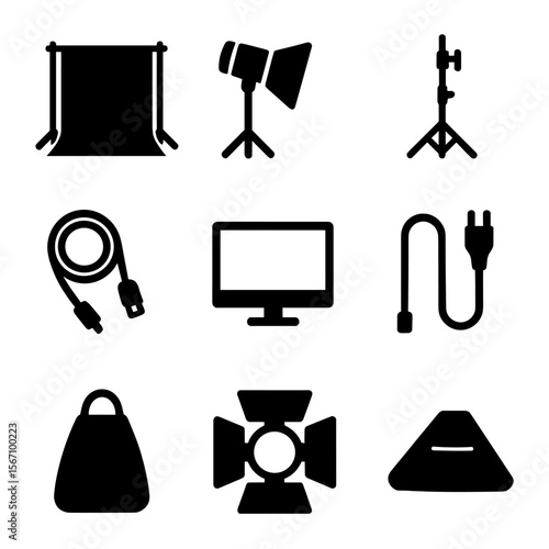 Studio Photography Icons. Solid, filled icon set of studio photography setup: backdrop frame, spotlight, tripod, C-stand, tether