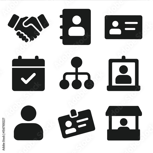 Networking Icons Grid. Solid, filled icons set of networking and opportunities: handshake, contact list,