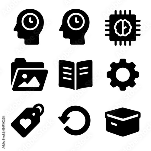 Neural Memory Icons. Solid, filled icons set of types of memory in neuroscience: short-term icon, long-term