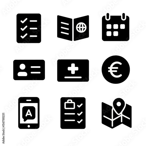 Study Abroad Icons. Solid, filled icon set of language study abroad preparation: checklist, program brochure, travel planner,