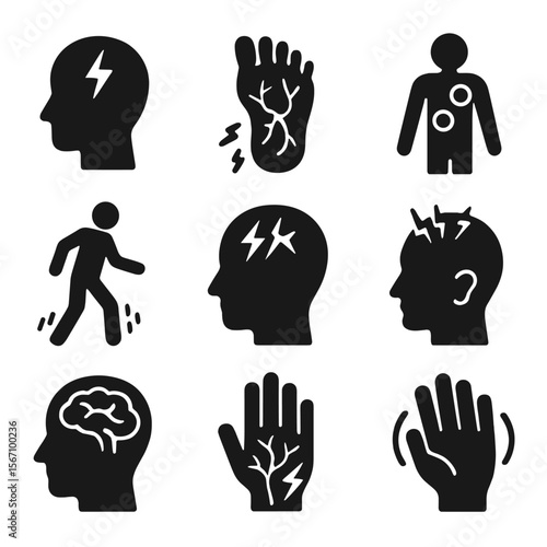 Neurological Disorders Icons. Solid, filled icons set of neurological disorders related to chronic illness: