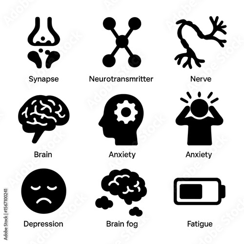 Neurological Effects Icons. Solid, filled icons set of neurological effects of chronic illness: synapse,