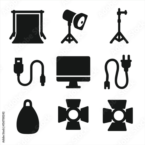 Studio Photography Icons. Solid, filled icon set of studio photography setup: backdrop frame, spotlight, tripod, C-stand, tether