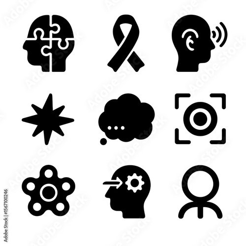 Neurodivergent Icons Set. Solid, filled icons set of neurodivergent conditions: puzzle brain, autism ribbon,