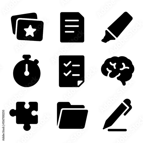 Study Icon Grid. Solid, filled icon set of study and revision features: flashcards, notes page, highlighter, timer, checklist,