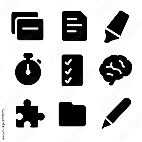Study Icon Grid. Solid, filled icon set of study and revision features: flashcards, notes page, highlighter, timer, checklist,