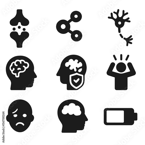 Neurological Effects Icons. Solid, filled icons set of neurological effects of chronic illness: synapse,