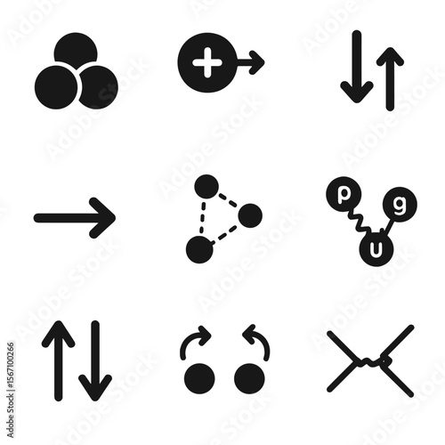 Subatomic Forces Icons. Solid, filled icon set of subatomic forces: strong force, weak force, electromagnetic force, gravity icon,