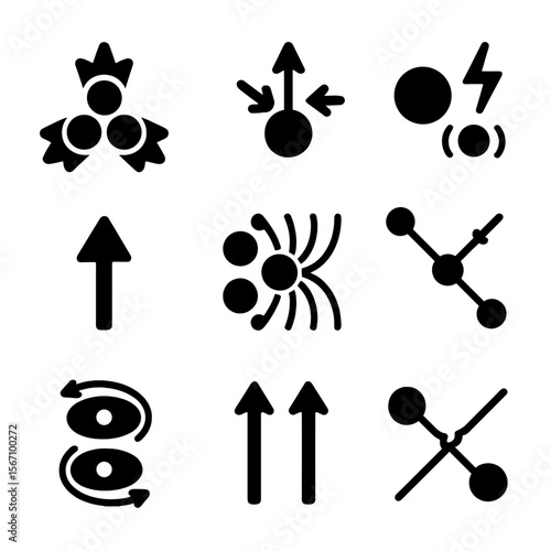 Subatomic Forces Icons. Solid, filled icon set of subatomic forces: strong force, weak force, electromagnetic force, gravity icon,