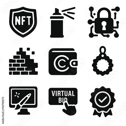 NFT Graffiti Icon Set. Solid, filled icons set of NFT graffiti collectibles: NFT badge, spray icon, blockchain