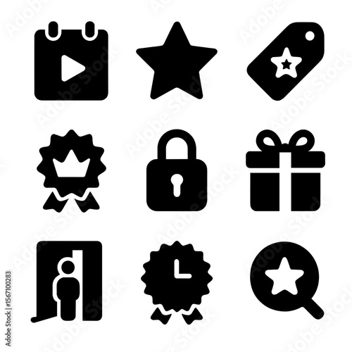 Subscription Icons Grid. Solid, filled icon set of subscription benefits: free trial, loyalty star, exclusive tag, premium tier,