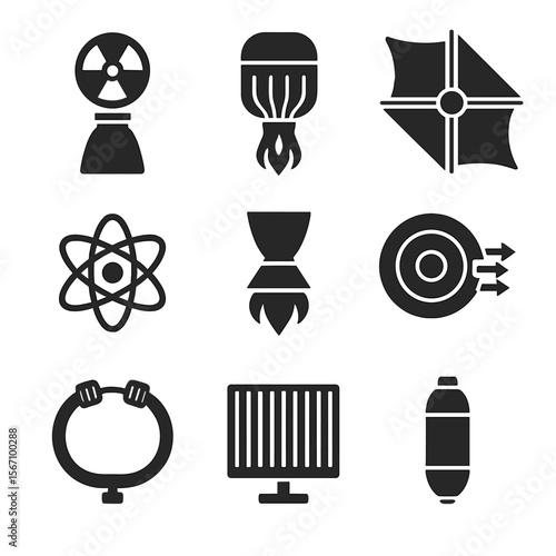 Next-Gen Propulsion Icons. Solid, filled icons set of next-gen propulsion technologies for deep space: nuclear