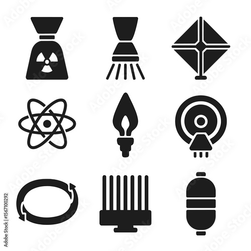 Next-Gen Propulsion Icons. Solid, filled icons set of next-gen propulsion technologies for deep space: nuclear
