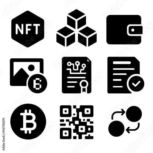 NFT Icon Set. Solid, filled icons set of NFT and blockchain-based art galleries: NFT icon, blockchain cube,
