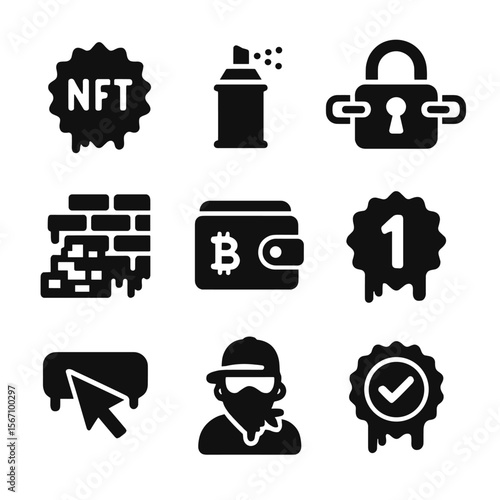 NFT Graffiti Icon Set. Solid, filled icons set of NFT graffiti collectibles: NFT badge, spray icon, blockchain