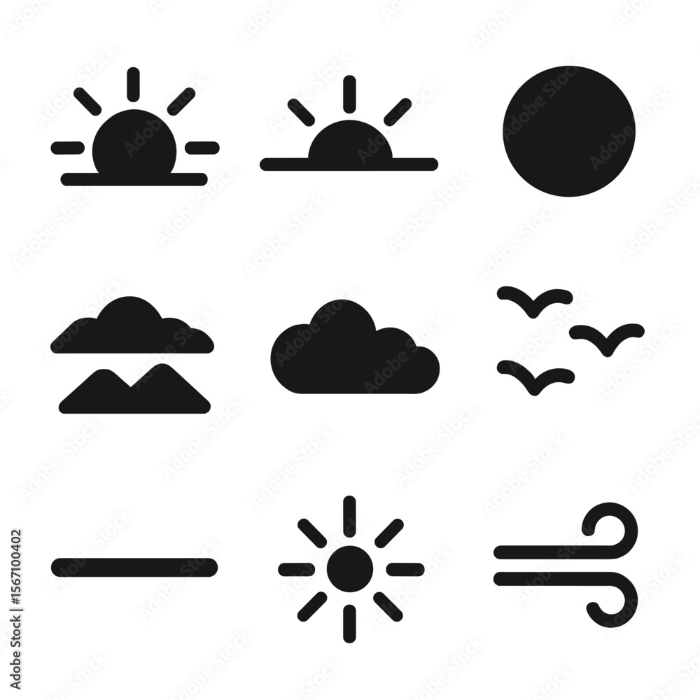 Sunrise and Sunset Icons. Solid, filled icon set of sunset and sunrise skies: rising sun, setting sun, orange sky, sun behind Sunrise and Sunset Icons. Solid, filled icon set of sunset and sunrise skies: rising sun, setting sun, orange sky, sun behind