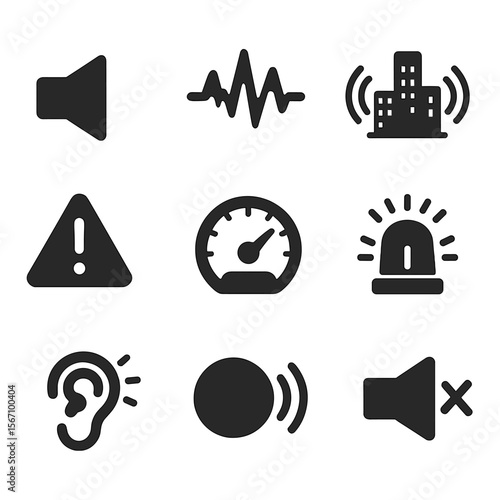 Noise Pollution Icons. Solid, filled icons set of noise pollution indicators: loudspeaker icon, sound wave