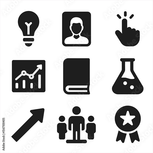 Nonfiction Icons Collection. Solid, filled icons set of nonfiction bestsellers: lightbulb icon, biography