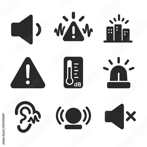 Noise Pollution Icons. Solid, filled icons set of noise pollution indicators: loudspeaker icon, sound wave