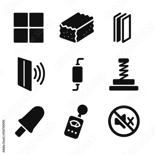 Noise Control Icons. Solid, filled icons set of noise control and soundproofing: acoustic panel, foam
