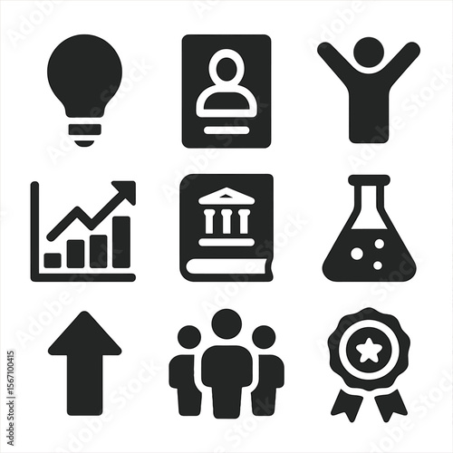 Nonfiction Icons Collection. Solid, filled icons set of nonfiction bestsellers: lightbulb icon, biography