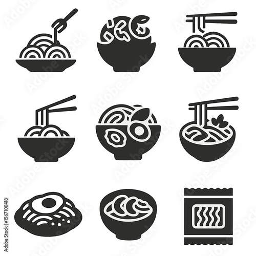 Noodle Icons Set. Solid, filled icons set of international noodle favorites: Italian spaghetti, Thai pad thai,