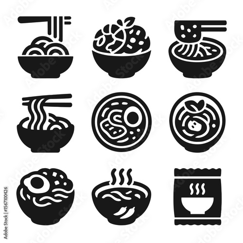 Noodle Icons Set. Solid, filled icons set of international noodle favorites: Italian spaghetti, Thai pad thai,
