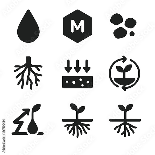 Nutrient Cycle Icons. Solid, filled icons set of plant nutrient intake: rain droplet, mineral icon, soil