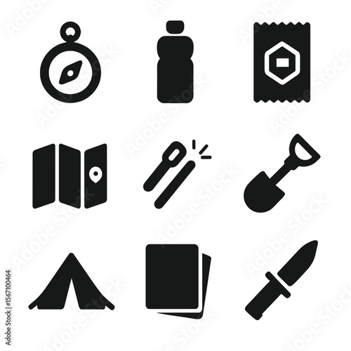 Survival Icon Set. Solid, filled icon set of survival in field: compass, water bottle, ration pack, map, firestarter, small shovel