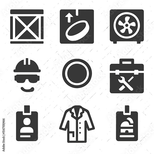 Observatory Logistics Icons. Solid, filled icons set of observatory logistics: transport crate, lens shipping