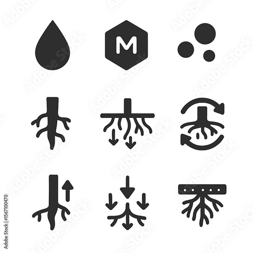 Nutrient Cycle Icons. Solid, filled icons set of plant nutrient intake: rain droplet, mineral icon, soil