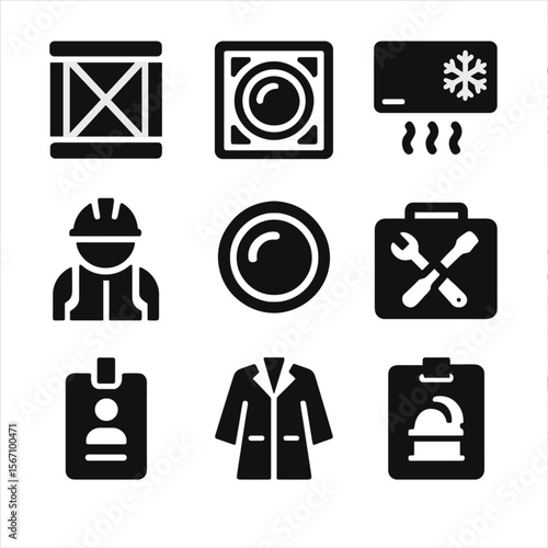 Observatory Logistics Icons. Solid, filled icons set of observatory logistics: transport crate, lens shipping