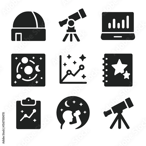 Observatory Icon Set. Solid, filled icons set of observatory and research: observatory dome, telescope mount,
