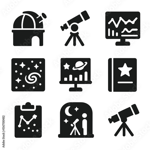 Observatory Icon Set. Solid, filled icons set of observatory and research: observatory dome, telescope mount,