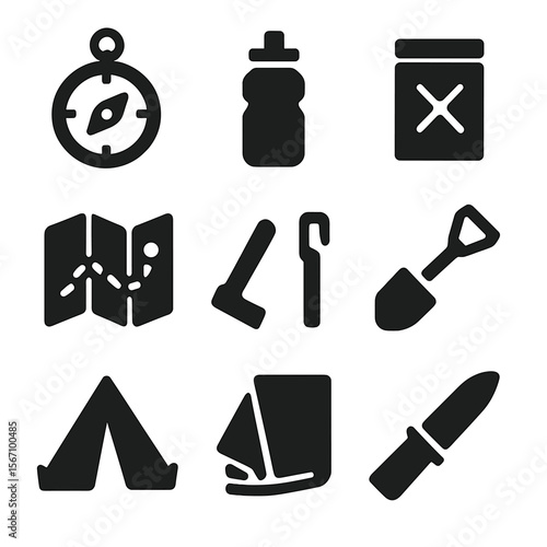 Survival Icon Set. Solid, filled icon set of survival in field: compass, water bottle, ration pack, map, firestarter, small shovel
