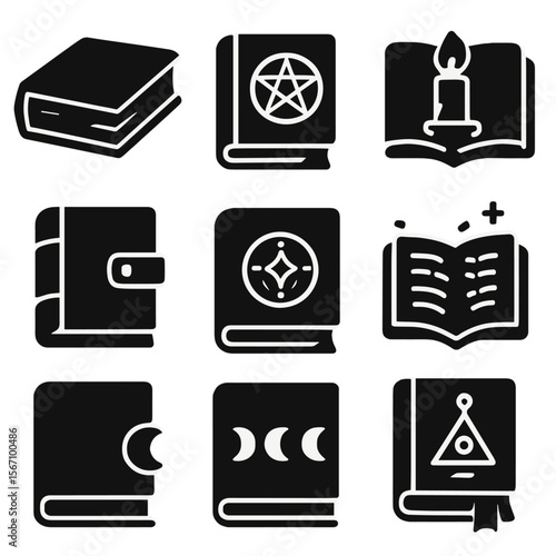 Occult Book Icons. Solid, filled icons set of occult books: ancient tome, pentagram cover, candle-lit book,