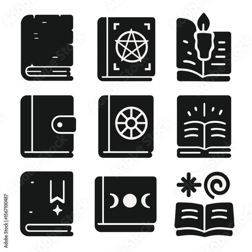 Occult Book Icons. Solid, filled icons set of occult books: ancient tome, pentagram cover, candle-lit book,