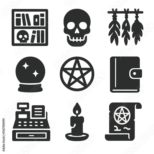 Occult Bookshop Icons. Solid, filled icons set of occult bookshop setting: bookshelf with tomes, skull decor,
