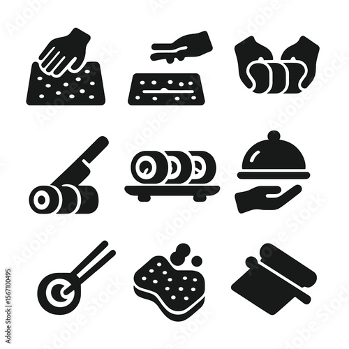 Sushi Icon Steps. Solid, filled icon set of sushi making steps: rice spreading, ingredient placing, rolling, slicing, plating,