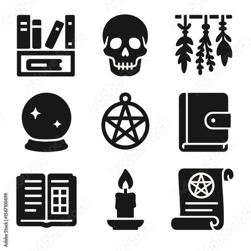 Occult Bookshop Icons. Solid, filled icons set of occult bookshop setting: bookshelf with tomes, skull decor,