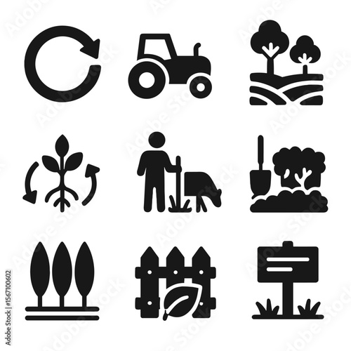 Sustainable Farming Icons. Solid, filled icon set of sustainable land management: rotation symbol, green tractor, agroforestry