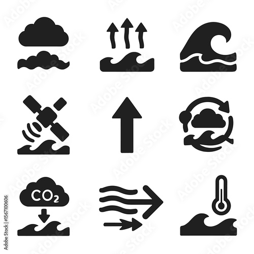 Ocean-Atmosphere Icons. Solid, filled icons set of ocean-atmosphere interaction: cloud formation, ocean heat