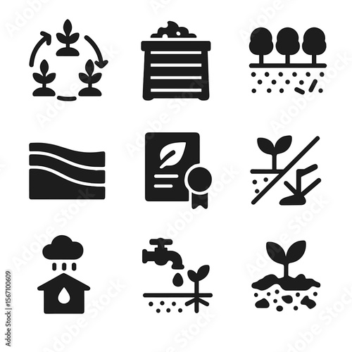 Sustainable Farming Icons. Solid, filled icon set of sustainable farming practices: crop rotation, compost bin, cover crops,