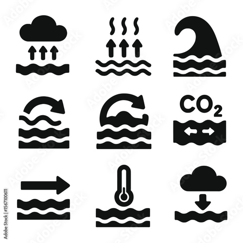 Ocean-Atmosphere Icons. Solid, filled icons set of ocean-atmosphere interaction: cloud formation, ocean heat