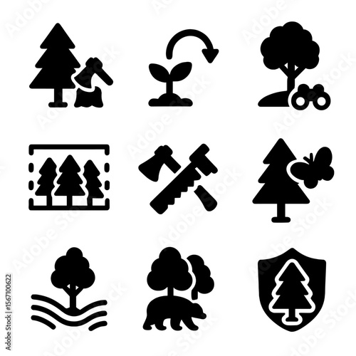 Sustainable Forestry Icons. Solid, filled icon set of sustainable forestry practices: selective logging, replanting, tree growth