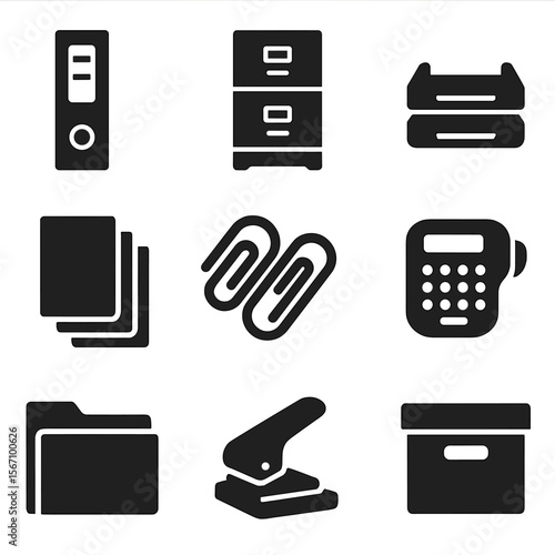 Office Icon Set. Solid, filled icons set of filing and document organization: labeled binder, filing cabinet,