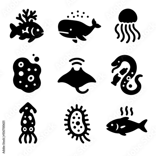 Oceanic Species Icons. Solid, filled icons set of oceanic species adaptation: coral-armored fish, glow whale,