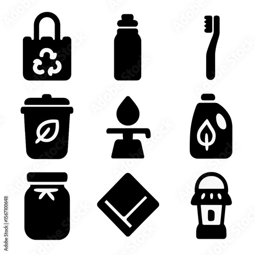 Sustainable Living Icons. Solid, filled icon set of sustainable living: reusable bag, water bottle, bamboo toothbrush, compost bin